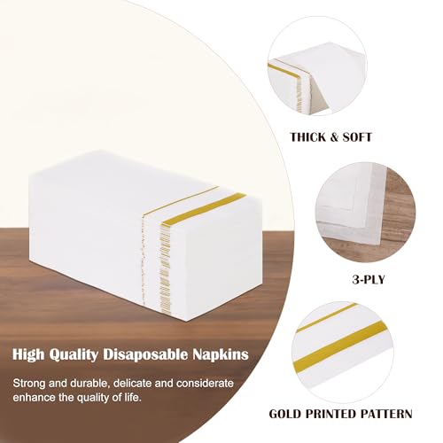 400 Pack Gold Trim Disposable Paper Dinner Napkins - Elegant White 3-Ply