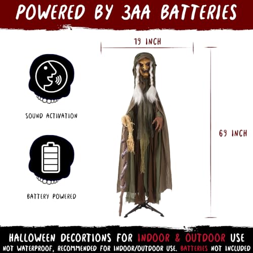 Animated 69-Inch Talking Witch Halloween Prop with Sound & Light-Up Eyes