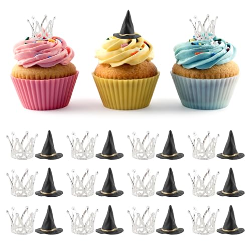 Halloween Witch Hat & Silver Crown Cake Topper Set - 12 Black Wizard Hats + 12 Silver Crowns