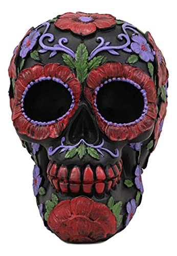 Black Day of The Dead Floral Sugar Skull Figurine - Summer Red & Purple Flowers Variation - Halloween & Dia de los Muertos Decor 6"