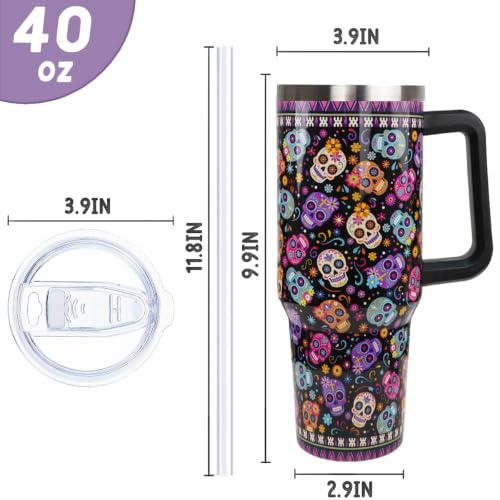 Halloween Day of the Dead Tumbler with Handle 40oz Sugar Skull Travel Mug - Multi Skull Variation