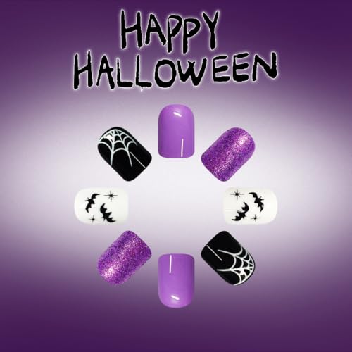 Halloween Fake Nails Short Square Press On Nails with Purple Glitter Cobweb Bat Ghost Design - Variation H6