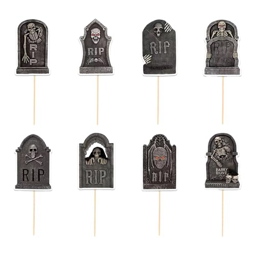 Halloween Cupcake Toppers & Mini Shovel Spoons Set - 48 Pcs, Skeleton Tombstones - Variation 1
