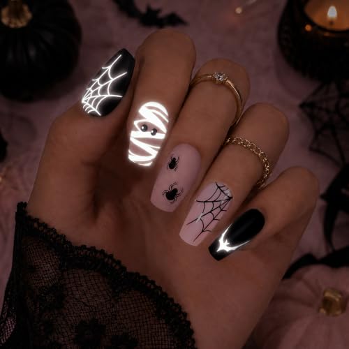 Halloween Glow in the Dark Spider Press-On Nails - Medium Coffin Style, 32 Pieces - Variation 1