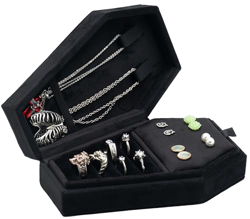 Velvet Coffin Jewelry Travel Case Holder for Gothic Wedding Jewelry Organizer - Black 4 Grid