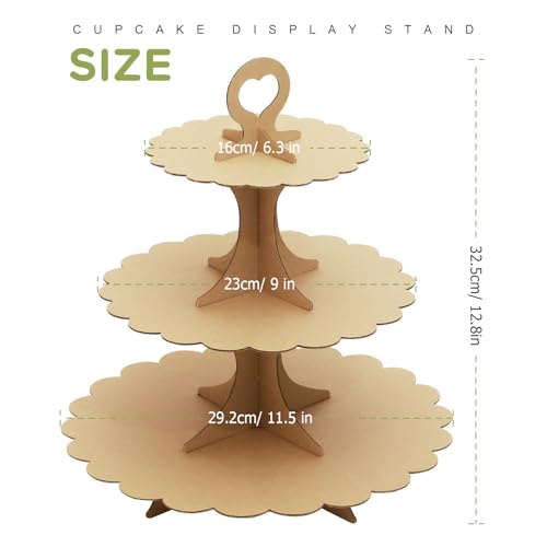 Brown 2-Pack 3-Tier Cupcake Stand Rustic Kraft Paper Decor Tower - Heart Handle Design, Easy Assembly for Weddings & Parties
