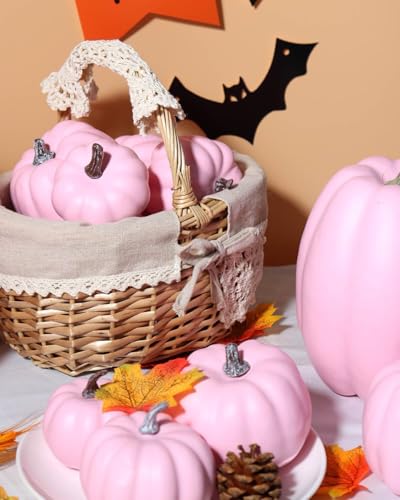 Pink Plastic Pumpkins Set of 12 - Assorted Fall Decor, Rustic & Reusable