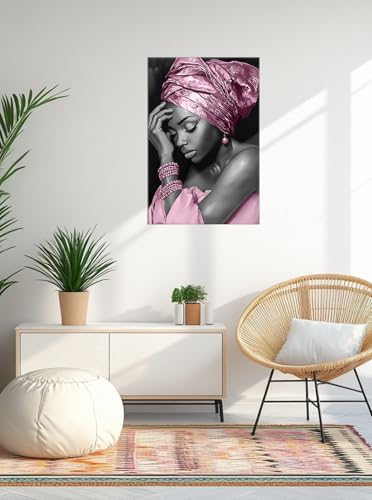 African American Woman Wall Art Canvas Portrait Pink Turban 12x18 Ready to Hang
