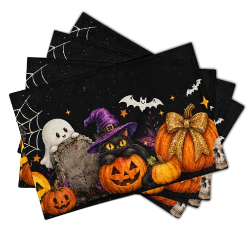 Halloween Placemat Set of 4 - Spooky Ghosts Pumpkins Cats Bats Web Table Mats