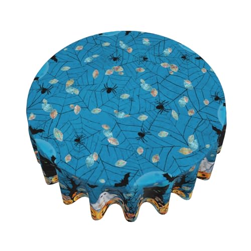 Halloween Round Tablecloth - Blue Spooky Ghost Pumpkins & Bats, 60 Inch, Non-Slip Wipeable Fabric - Variation: Blue / One Size