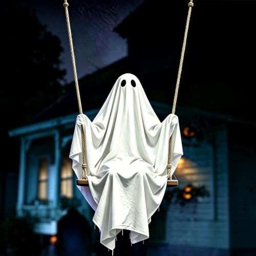 Halloween Static Window Cling - Cute White Ghost on Swing - Reusable Spooky Ghost Window Sticker - Style6