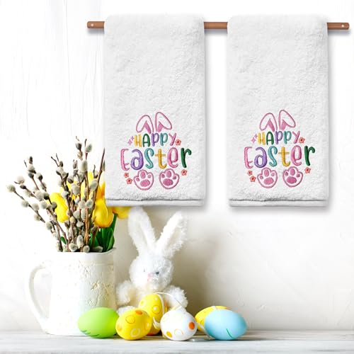 Easter Hand Towels Set of 2 - Pink Cotton Bunny Kitchen & Bathroom Decor 14x30 inches - Variation of Easter / 14x30 in