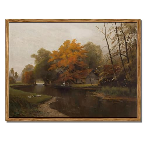 Autumn by the Water Floating Canvas Wall Art - 16x12 Inch Nature Landscape Decor