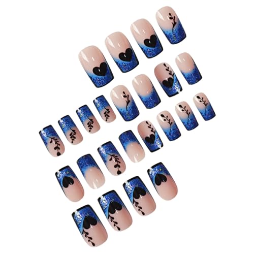 Press On Nails Short Square Gradient Glitter Heart Design with Glue & Tools - 24Pcs