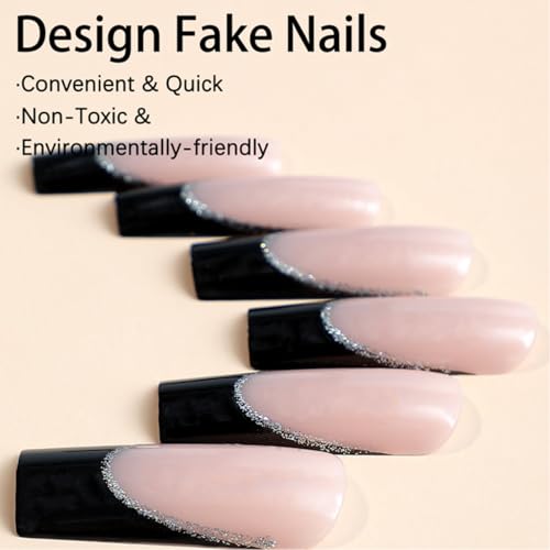 120Pcs Long Square Black French Tip Press On Nails with Glitter & Designs - Style-17