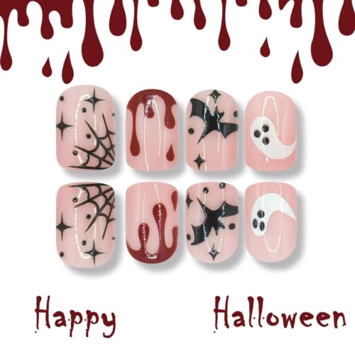 Halloween Press-On Nails Short Square Ghost Bat Blood Spider Web Design 24Pcs