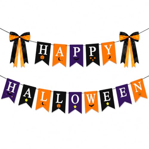 Halloween Banner Set with Double-Layer Satin Bows and Cardstock Pennants