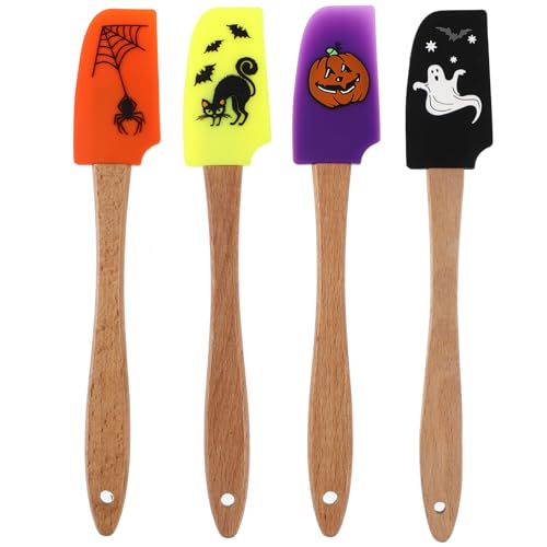 Halloween Silicone Spatula with Wooden Handle Cat Pumpkin Pattern Baking Utensil