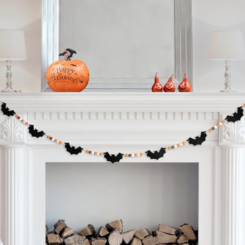 Halloween Bat Garland 5.6 Ft Wooden Beads & Felt Bats Rustic Decor