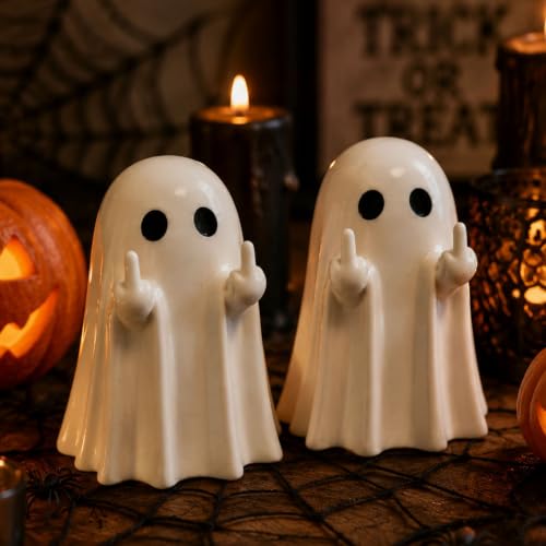 Halloween Ghost Figurines Set - White Indoor Decor with Humorous Middle Finger Design - 2 Pcs