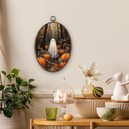 Ghost Pumpkin Oval Wall Art Decor - Fall Halloween Wall Hanging - 8.5x11 Inch - Variation: Ghost-9