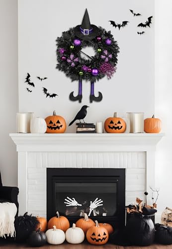 Halloween Wreath for Front Door 26 Inch - Black & Purple Witch Decor with Hat, Legs & Pumpkin