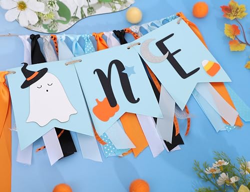 Halloween Ghost First Birthday Banner for Boys - Spooky Baby Party Decor, Blue Ghost Celebration Flag