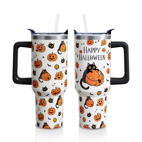 Halloween Cat 40oz Insulated Tumbler Cup with Handle & Straw - Goth Pumpkin Theme