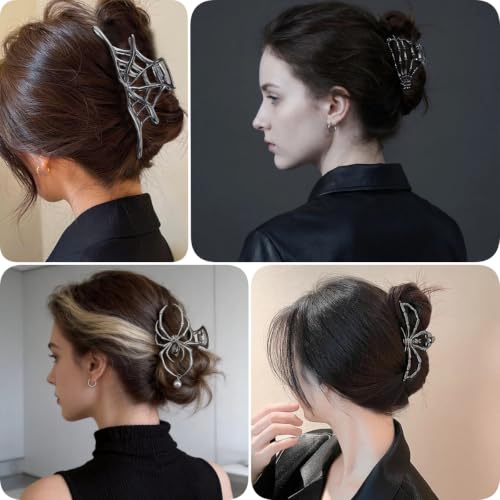 Gothic Hair Claw Clips Set - Spider Web, Skeleton Hand, Spider Pearl - Variation A