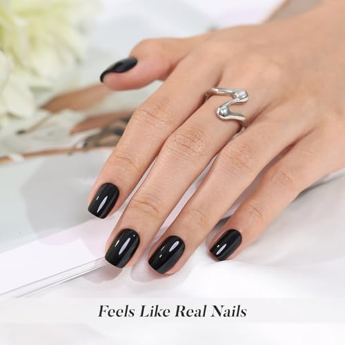 Press On Nails Classic Black Short Square 32 Count - Salon Quality, Easy DIY Manicure