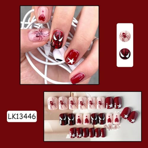 Halloween Short Red Press On Nails with Spider Design - Reusable Acrylic Fake Nails Style25