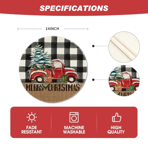 14-Inch Round Placemat Set of 4 - Black Buffalo Plaid Xmas Trees Holiday Table Decor