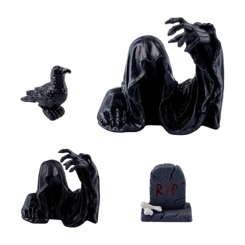 URROMA 4PCS Gothic Halloween Ghost & Crow Ornament Set - Black Tombstone & RIP Decor - Style 4