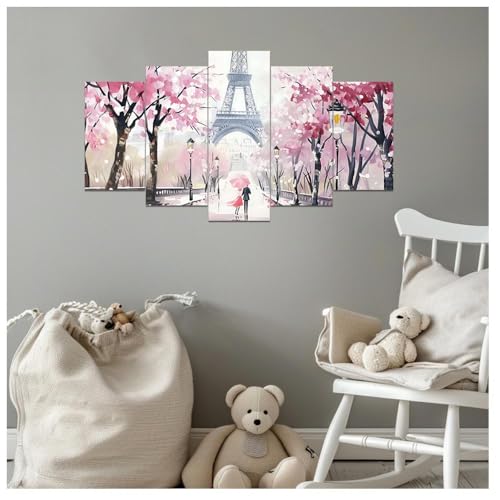 Pink Paris Canvas Wall Art Set - 5 Pieces Eiffel Tower Landscape Prints, White Frame, Romantic Home Decor, Variations: White / 8x14in x2, 8x18in x2, 8x22in x1