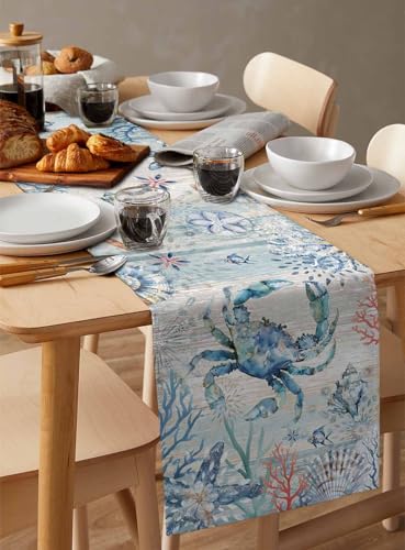 Nautical Crab Table Runner 13 x 60 Inches Coastal Farmhouse Decor