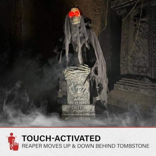 3 Ft Reaper with Tombstone Halloween Animatronic - Rising Haunted Ghost, Touch Activated, Glowing Eyes, Indoor Outdoor Decor