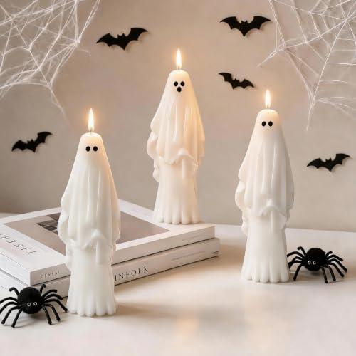 Halloween Ghost Candle Set - White, 3 PCS, Spooky Mantel Decor