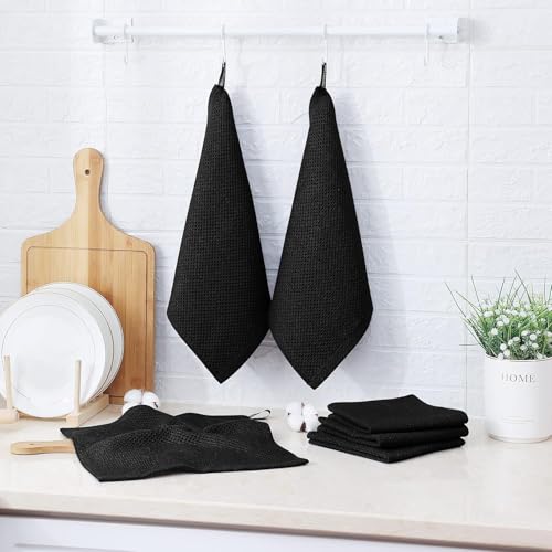 Black Cotton Waffle Weave Kitchen Towels 6 Pack - 12x12 Inches, Ultra Soft & Absorbent