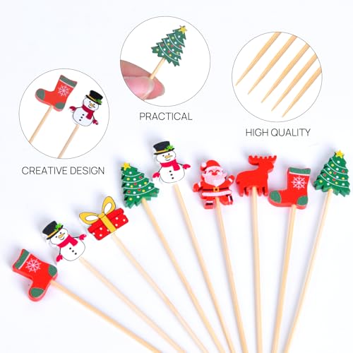 Christmas Toothpicks Pack - 100 Natural Bamboo Cocktail Picks with Holiday Designs