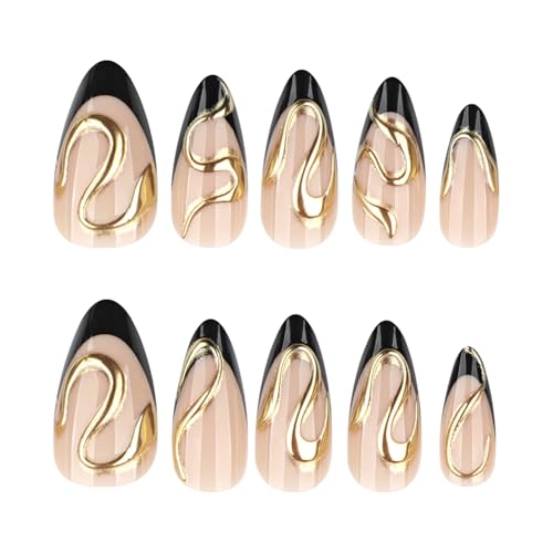 Black French Tip Press On Nails Almond Stiletto - Nude Glossy Fake Nails A07-Black