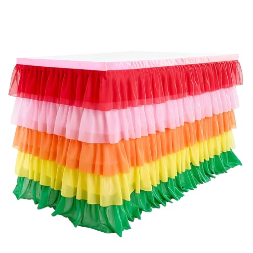 Pastel Rainbow Tulle Table Skirt 5-Layer Chiffon Ruffle 6FT 9FT for Rectangle & Round Tables