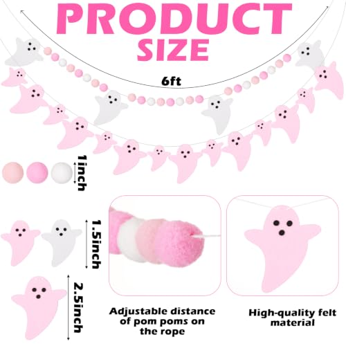 Pink Ghost Felt Garland - 3 Pack 6ft Halloween Decor with Adjustable Spacing