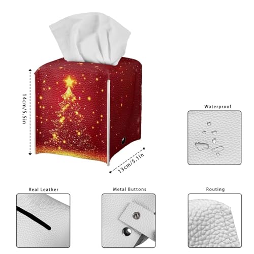 Doginthehole Christmas Tissue Box Cover - Red Golden Xmas Tree Design, Decorative PU Leather