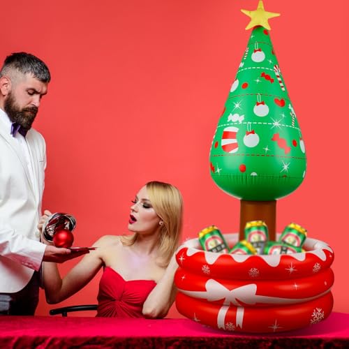 Inflatable Christmas Tree Cooler - 50 Inch Holiday Beverage Cooler with Red Ice Bucket - Tree Variation