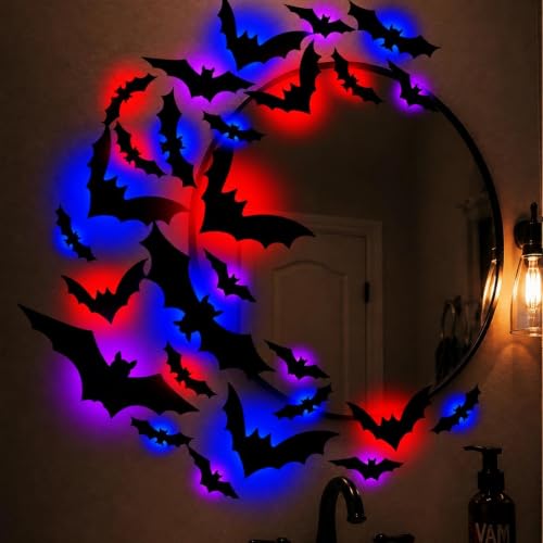 Makevivi 24 Pcs Halloween LED Bat Wall Decor - 3D Light-Up Bats for Door & Window, Spooky Indoor Outdoor Decorations