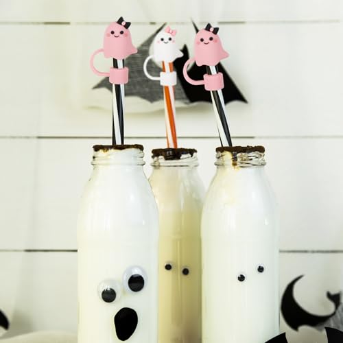 Halloween Ghost Silicone Straw Cover Caps - Pink & White Bow - Style2