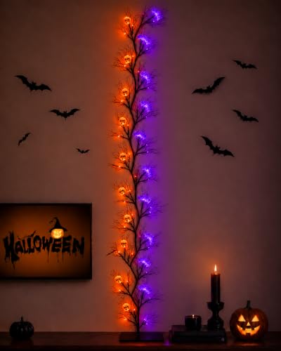 Halloween Vine Lights with Bat & Pumpkin - 9Ft, 66 LEDs, 8 Modes, Timer, Indoor Outdoor Decor