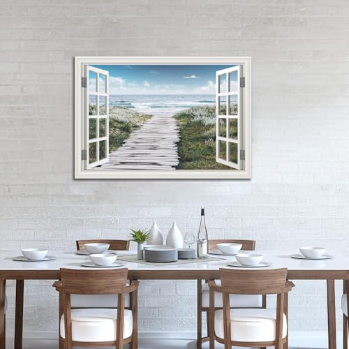 Large Beach Flower Path Ocean Canvas Wall Art - 48x32 Inch Coastal Seascape Painting