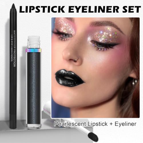 Black Lipstick and Lip Liner Set with Pearlescent Lip Gloss for Halloween and Gothic Makeup