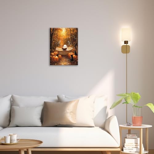Halloween Wall Art - Fall Pumpkin Ghost Canvas Decor for Home & Office 16x12